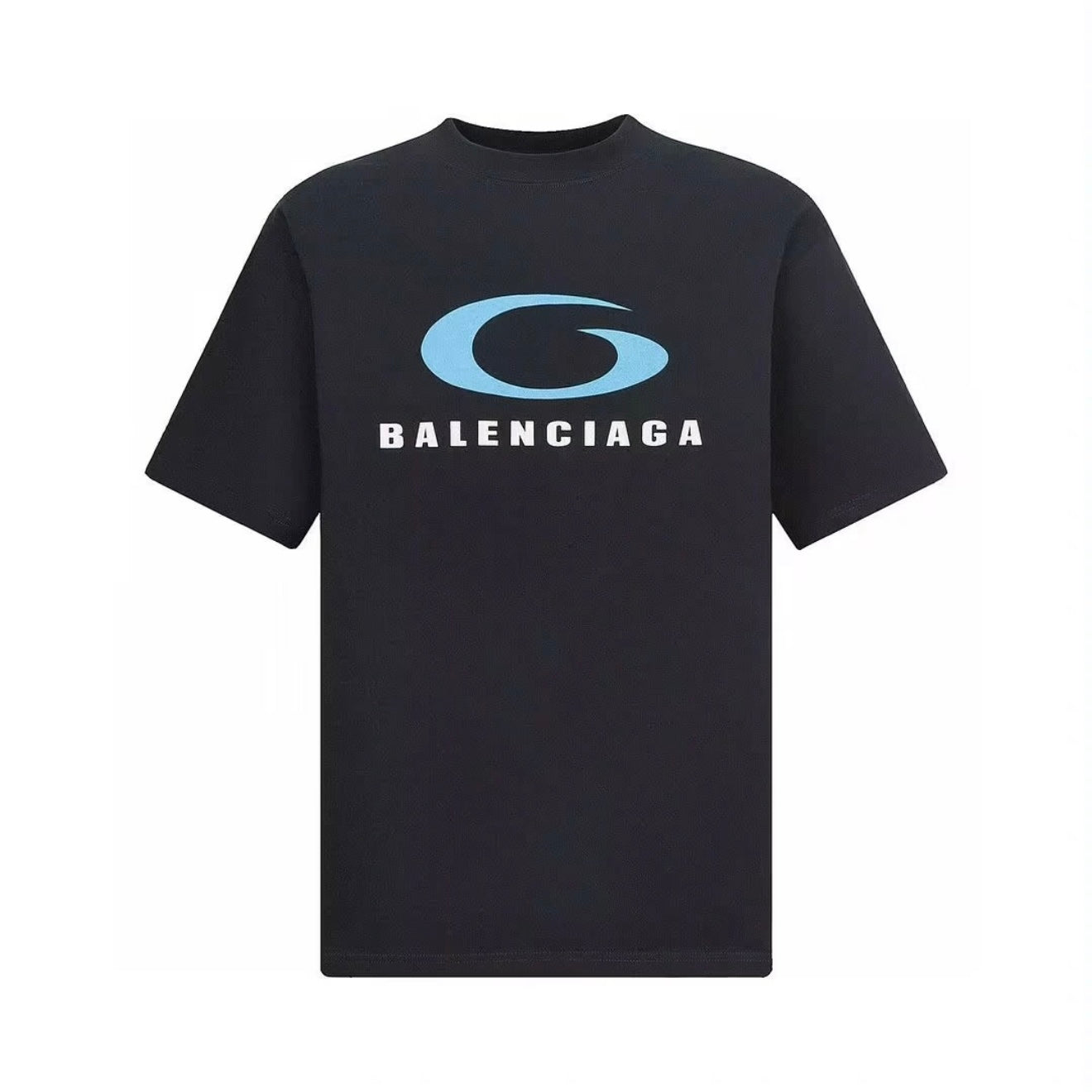 New Unisex Black T-Shirt with Blue Letter Logo Graphic, Crew Neck Short Sleeve Regular Fit Tee