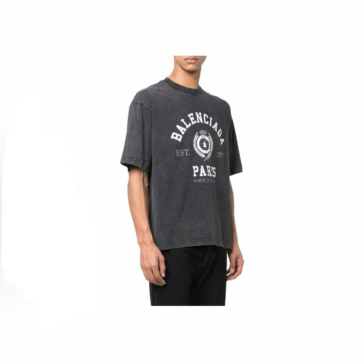 New Unisex Gray Washed 1917 Letter Logo Graphic T-Shirt, Vintage Distressed Cracked Print Loose Fit Short Sleeve Tee