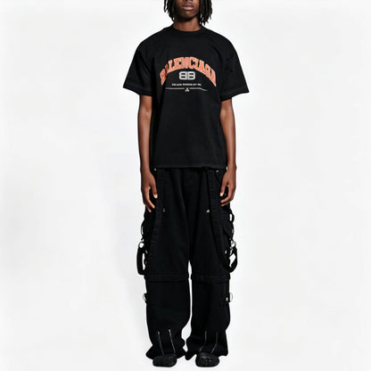New Black Vintage Washed Logo Graphic T-Shirt, Distressed Crack Print Ripped Crew Neck Short Sleeve Tee