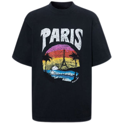 New Crew Neck Pure Cotton T Shirt with Architectural Letter Graphic Print