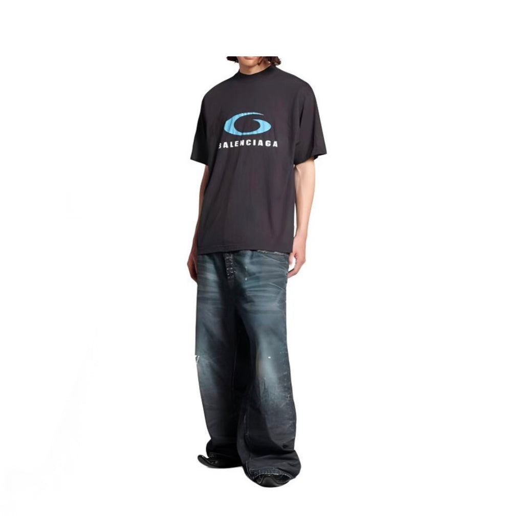 New Unisex Black T-Shirt with Blue Letter Logo Graphic, Crew Neck Short Sleeve Regular Fit Tee