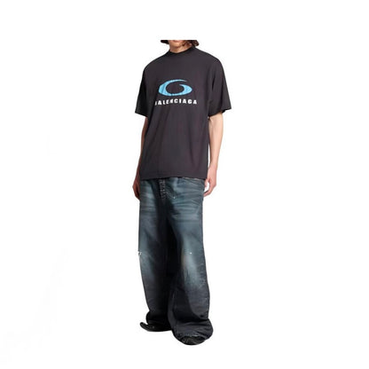 New Unisex Black T-Shirt with Blue Letter Logo Graphic, Crew Neck Short Sleeve Regular Fit Tee