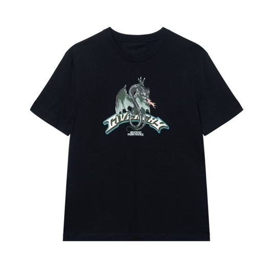 New Crew Neck T Shirt with Logo Lettering and Dragon Graphic Print